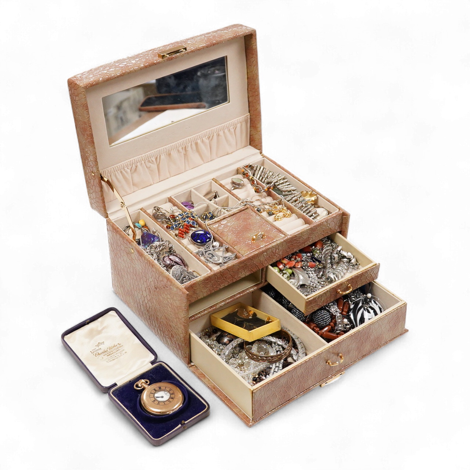 A 9ct gold bracelet, 18cm, 3.5 grams and a quantity of silver, white metal, 925 and costume jewellery, a gold plated half hunter pocket watch contained in a jewellery box.